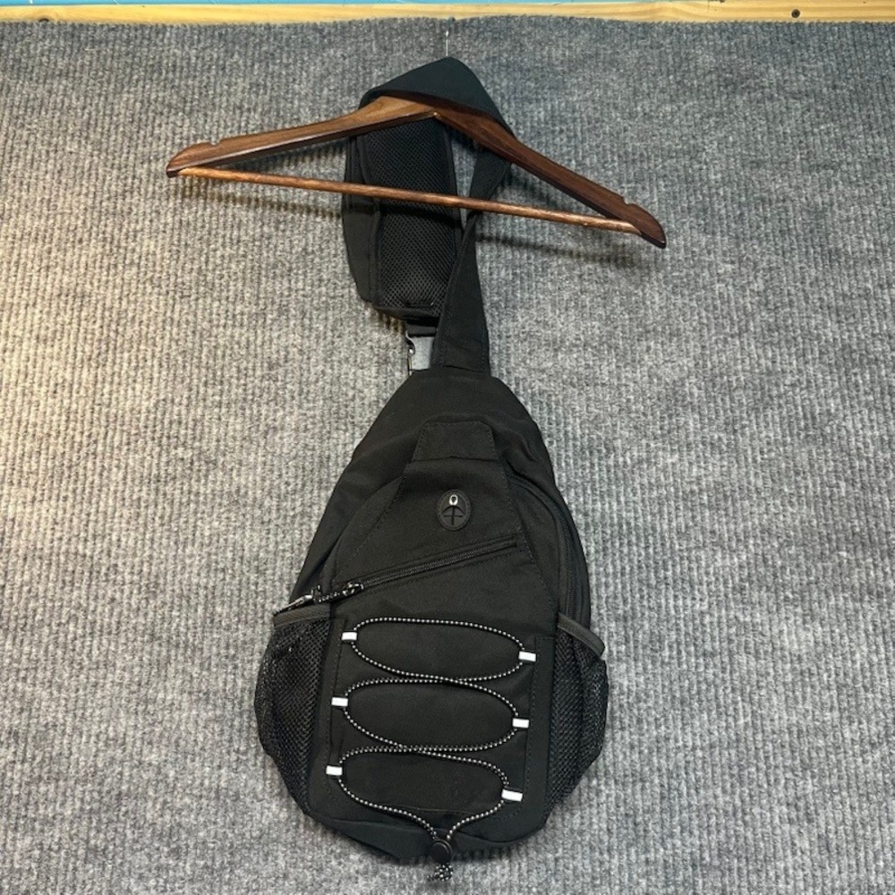 Black Sling Backpack Crossbody Shoulder Bag with Bungee Cord and Headphone Port